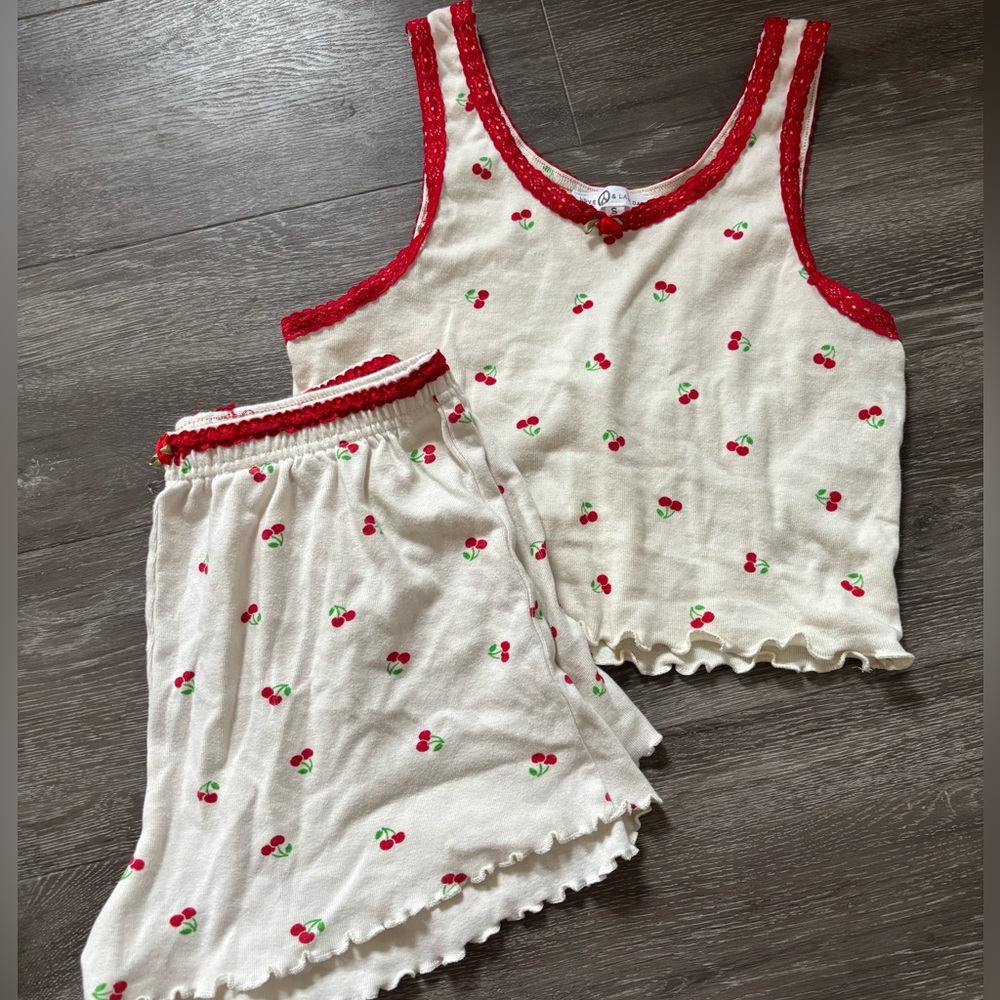Love and Lazy Days cherry print 2 piece pj set both size small.